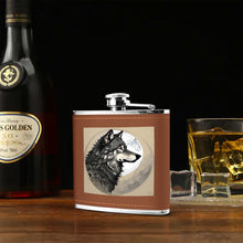 Custom Brown Leather Flask Wrapped Stainless Steel 6oz Moon Wolf