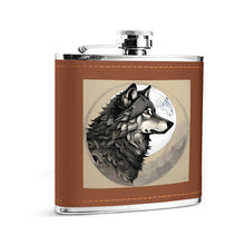 Custom Brown Leather Flask Wrapped Stainless Steel 6oz Moon Wolf