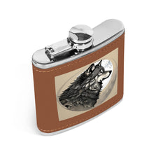 Custom Brown Leather Flask Wrapped Stainless Steel 6oz Moon Wolf