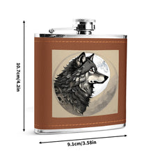 Custom Brown Leather Flask Wrapped Stainless Steel 6oz Moon Wolf