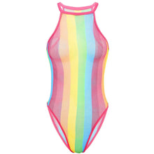 Womens Rave Rainbow Swimwear Striped Fishnet Swimsuit Bikini See Through Mesh Bodysuit Beachwear Summer Dance Festivals Clothing - Limited time Finds