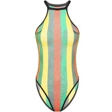 Womens Rave Rainbow Swimwear Striped Fishnet Swimsuit Bikini See Through Mesh Bodysuit Beachwear Summer Dance Festivals Clothing - Limited time Finds