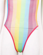 Womens Rave Rainbow Swimwear Striped Fishnet Swimsuit Bikini See Through Mesh Bodysuit Beachwear Summer Dance Festivals Clothing - Limited time Finds