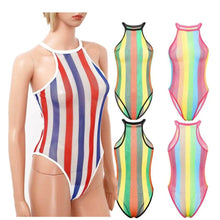 Womens Rave Rainbow Swimwear Striped Fishnet Swimsuit Bikini See Through Mesh Bodysuit Beachwear Summer Dance Festivals Clothing - Limited time Finds