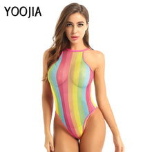 Womens Rave Rainbow Swimwear Striped Fishnet Swimsuit Bikini See Through Mesh Bodysuit Beachwear Summer Dance Festivals Clothing - Limited time Finds