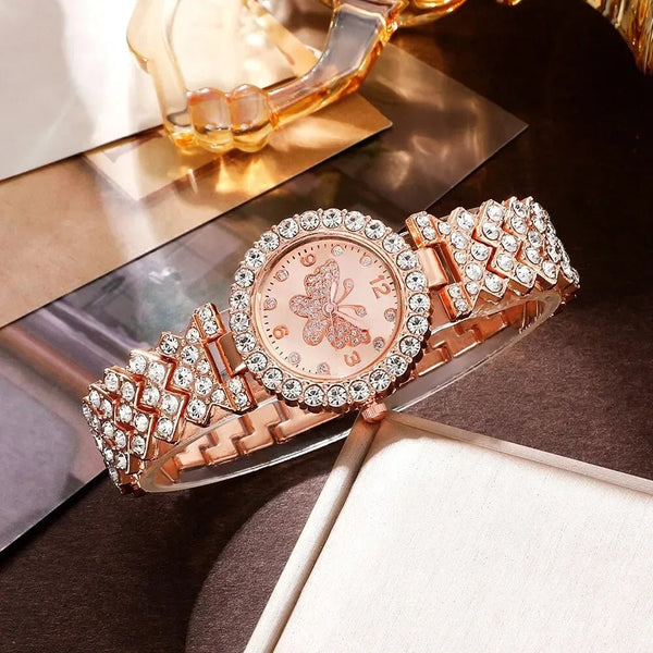 6 Piece Jewelry Set Rose Gold Luxury Watches Women Rings Necklace Earrings Rhinestone Fashion Watches Casual Women Watches - Limited time Finds