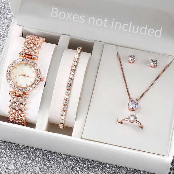 6PCS/Set Fashion Rhinestone Women Watches Female Steel Band Bracelet Quartz Watches Jewelry Set（Without Box） - Limited time Finds