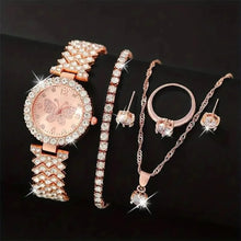 6 Piece Jewelry Set Rose Gold Luxury Watches Women Rings Necklace Earrings Rhinestone Fashion Watches Casual Women Watches - Limited time Finds