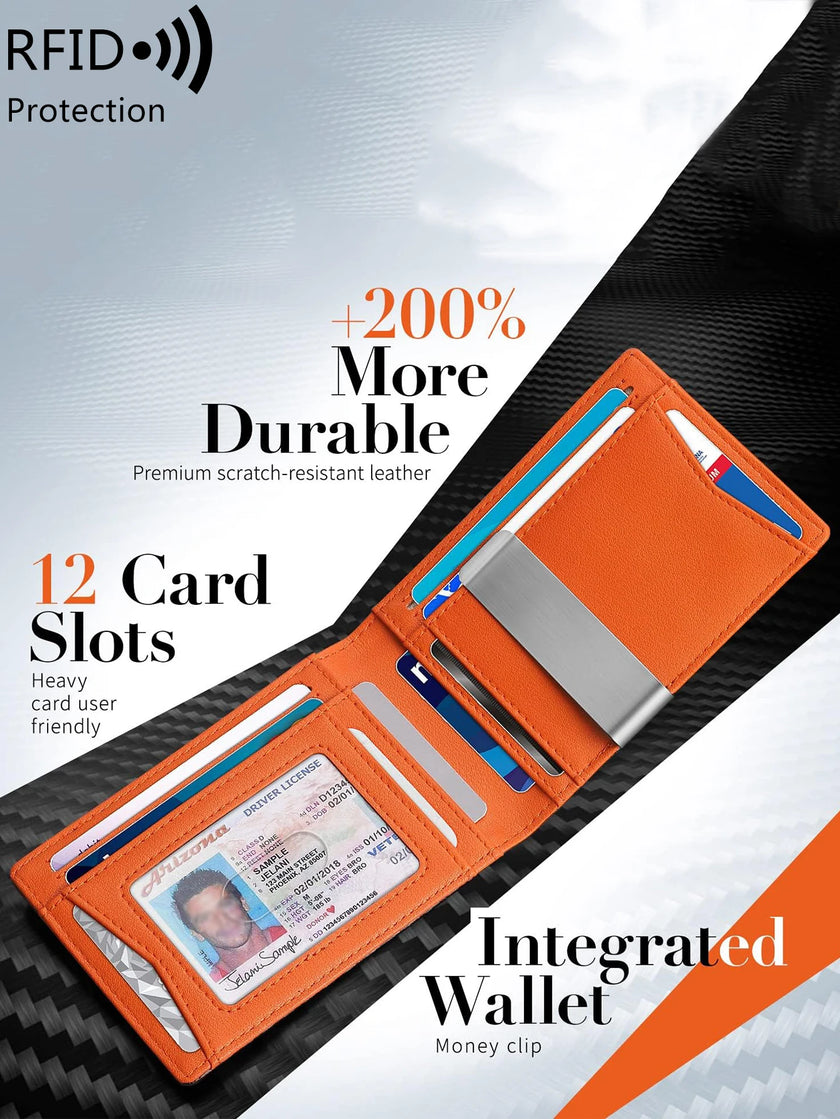 Minimalist men's RFID blocking multi - functional ultra - thin 12 - card wallet, front pocket bi - fold solid color portable card holder - Limited time Finds