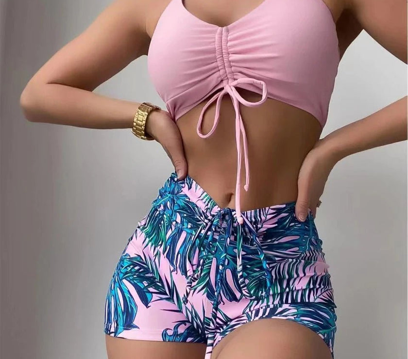 Drawstring Front Shorts Bikinis 2024 High Waist Swimsuit Women Swimwear Female Bathers Bathing Swimming Swim Suit Beachwear - Limited time Finds